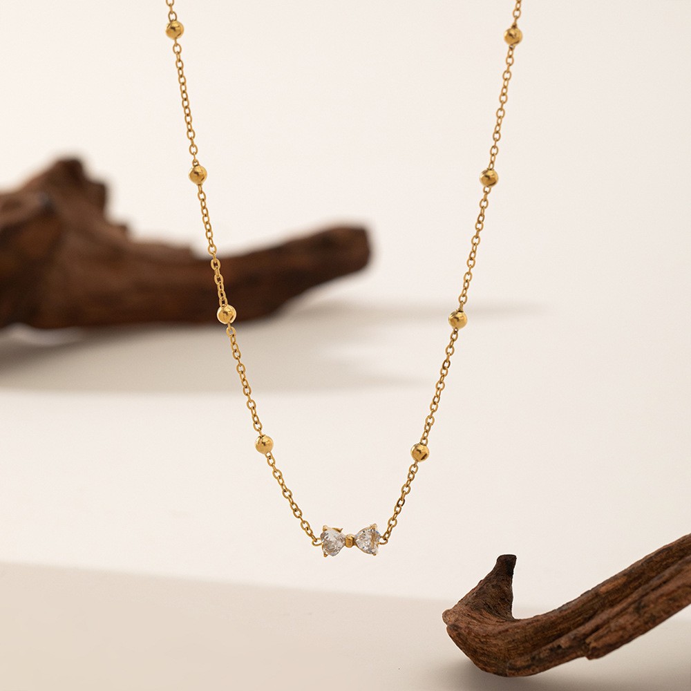 Stainless Steel Bow Zircon Necklace